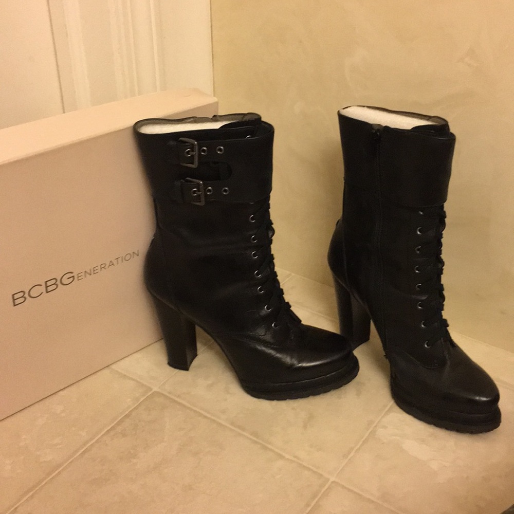 Black leather galaxy BCBG boots